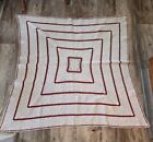 Vintage WHITE Red Tablecloth 41" X 41"  DRAWN STITCH & CROCHETED  