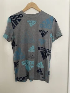 adidas Kids Boys Allover Colorful 3 Stripes Logo Short Sleeve Shirt Gray L 14/16 - Picture 1 of 4