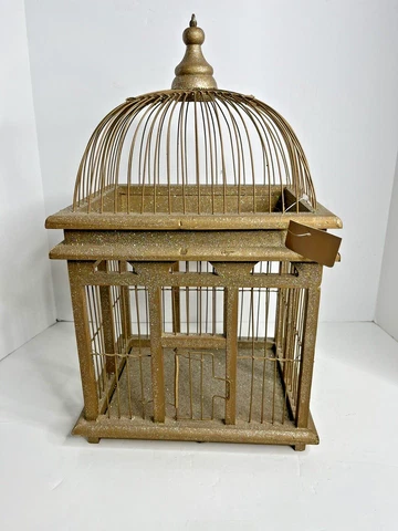 DOME TOP WOOD/WIRE BIRD CAGE GOLD WIRE WOOD PAINTED TAN/GOLD  W/ RAINBOW GLITTER Cover