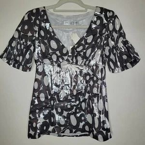 NWT Trina Turk Top Women's Metallic Black White Petite Small Zipper Festive Chic - Picture 1 of 17