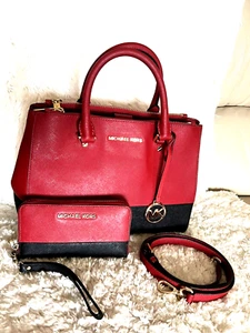 2 PC SET Michael Kors Sutton Colorblock Satchel RED/BLACK & MATCHING WRISTLET - Picture 1 of 24