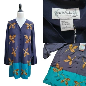 Vntg 90s New Tags Diane Von Furstenberg Silk Leaf Print Navy Shirt Blouse Large - Picture 1 of 7