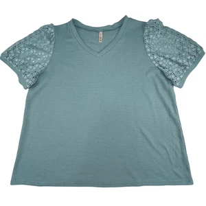 Blusa Olrik 3X Azul Tejido Gofre Top Crochet Encaje Mangas Abullonadas Boho Cottagecore - Imagen 1 de 9