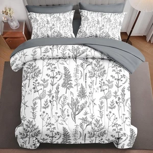 7Pcs Full Size Comforter Set, Black White Herbs Botanical Wildflowers Leaf, B... - Picture 1 of 8