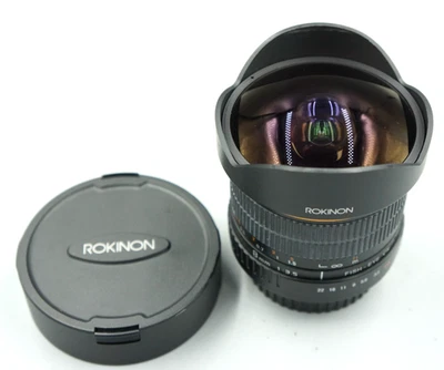 Lente asférica Rokinon 8 mm f/3,5 ojo de pez CD II MF para Canon EF con tapa capucha #672 Foto 1 de 4
