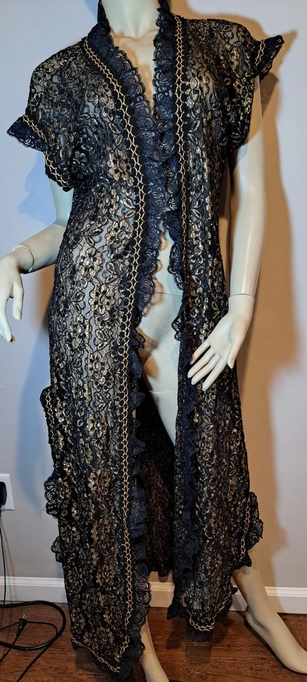 Fun Funky Black Gold Lace Long Vest Witch Wizzard Halloween Costume Adult - Image 1 of 3