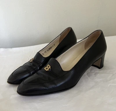 Bally Of Switzerland Vtg Black Leather Olenadra Pump Heels w/ Gold Logo- Sz 5.5M - Image 1 of 4