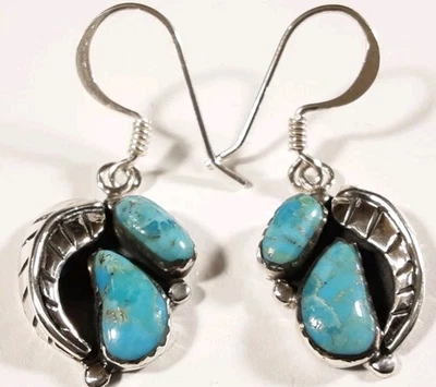 PENDIENTES PLATA ESTERLINA 925 GRABADOS PLUMA TURQUESA 1 1/2" X 5/8" 5,5g Foto 1 de 3