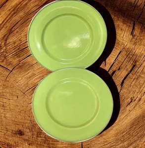 Discontinued Pottery Barn Enamelware Chargers Plates 12” Lime Green x2 Partyware - Picture 1 of 8