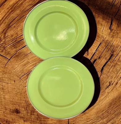 Discontinued Pottery Barn Enamelware Chargers Plates 12” Lime Green x2 Partyware - Image 1 of 4