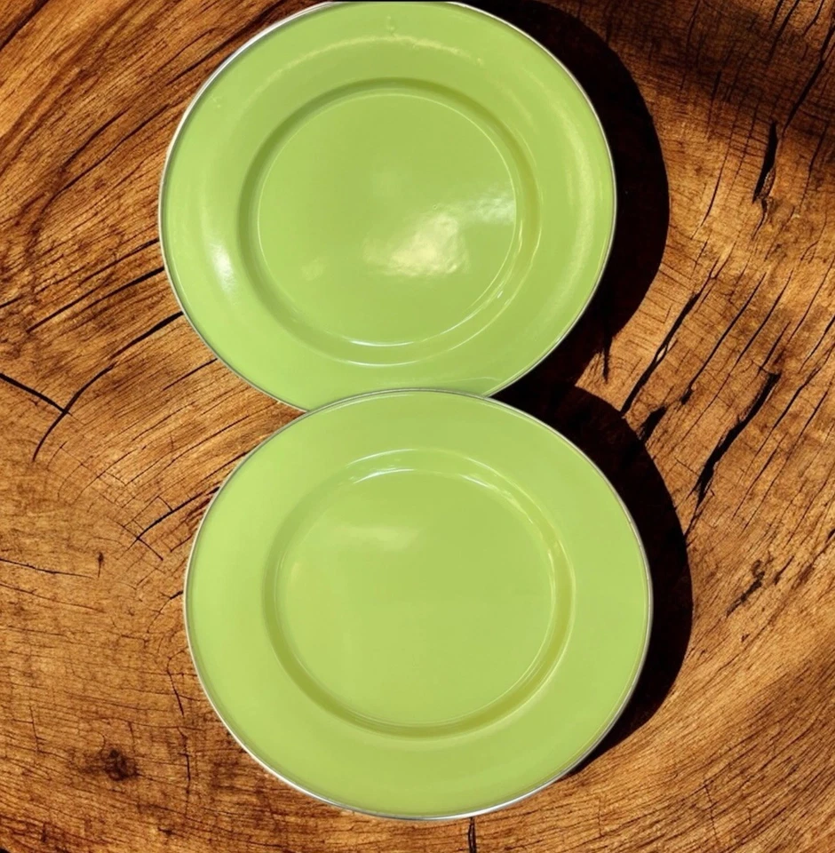 Discontinued Pottery Barn Enamelware Chargers Plates 12” Lime Green x2 Partyware - Image 1 of 4