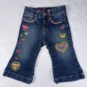 BABY GAP GIRLS EMBROIDERED HEARTS FLARE JEANS ADJUSTABLE WAIST SIZE 12-18 MONTHS - Picture 1 of 4