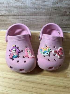 Crocs Classic Pink Glitter Clogs Sz C6 Little Girls Princess With Charms - Image 1 of 4