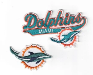 (2) Miami Dolphins Script + Team Logo NFL Embroidered 4in Iron / Sew-On Patch - Picture 1 of 2