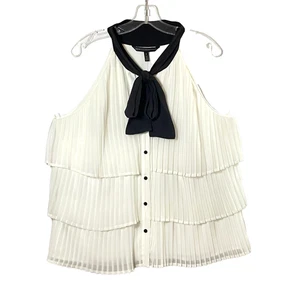 WHBM Tiered Pleats Tank Top Womens Size 14 Off White Black Necktie Lined NWOT - Picture 1 of 15