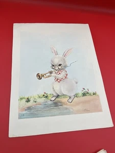 NURSERY RHYME PRINT BY ELNOR BUNNY PLAYING TRUMPET MCM - Picture 1 of 6