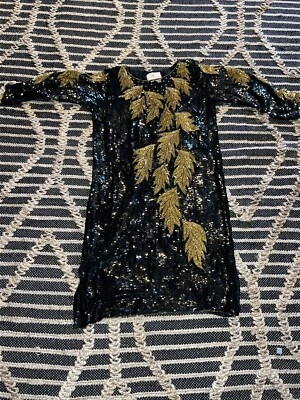VTG Lemieux Evening Beaded Black Gold Leaf Sequins Cocktail SilkDress Paris Sz L - Image 1 of 4
