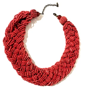 Halskette Boho fett gewebt Samen Perle geflochten roter Kragen Statement handgefertigt - Bild 1 von 4