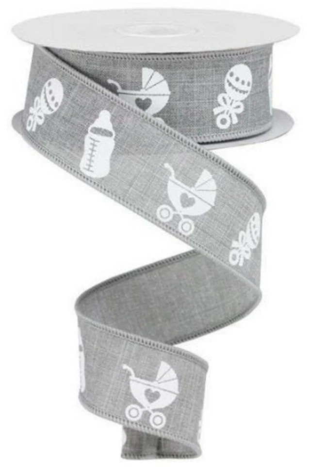1.5" (5 YDS) Gray Baby Wired Ribbon, Rattle, Baby Bottle Carriage Wreath  - Image 1 of 1