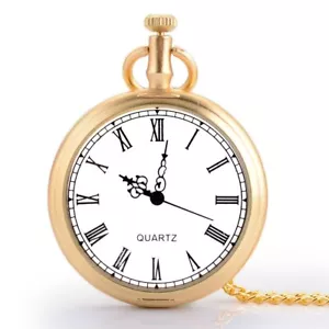 Vintage Golden Quartz Pocket Watch Roman Numerals Necklace Chain Antique Pendant - Picture 1 of 4