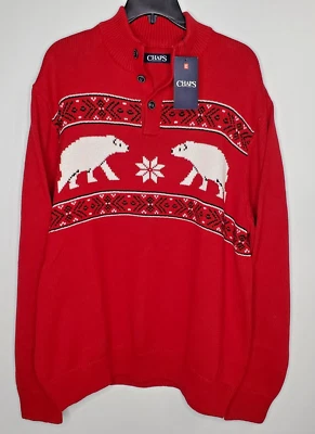 Chaps Mens Red Christmas Sweater Polar Bear Knit Mock 1/4 Buttons Outdoors SZ XL - Image 1 of 4