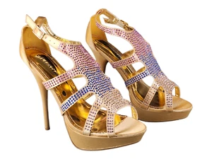 5.5" Gold Open Peep Toe Exotic Wear Stiletto High Heels Platform Pumps Bedazzled - Picture 1 of 5