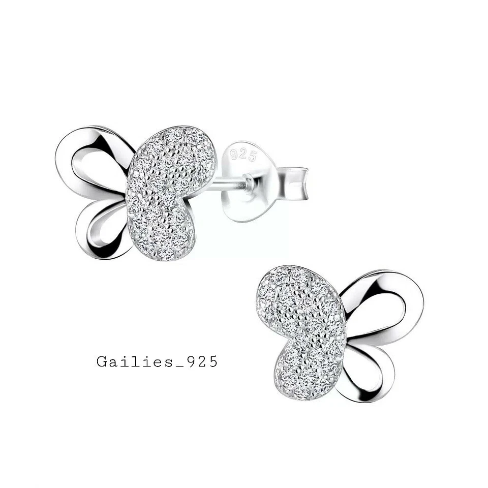 925 Argento Sterling Farfalla Zircone Cubico Ragazze Orecchini a Lobo - Immagine 1 di 4