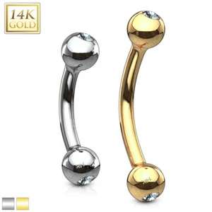 14K Gold CZ Curve Barbell Eyebrow Ring Lip Rook Daith Snug Piercing 16G - Picture 1 of 6
