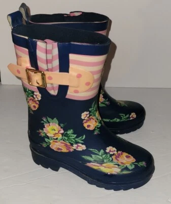MATILDA JANE розовый синий в полоску цветочный резиновый дождя ботинки 9 ребенка ясельного возраста - Изображение 1 из 4