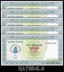 Zimbabwe LOT 5 PCS 5000$ DOLLARS 2003 (2004) Pick-21d PREFIX AC UNC **SCARCE** - Picture 1 of 5