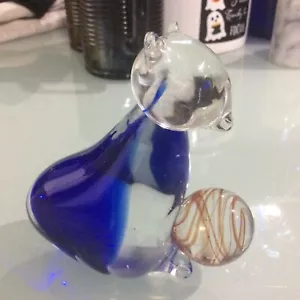 Cobalt Blue Glass Paperweight Cat Figurine with Ball of Yarn Hand Blown 5" Tall - Picture 1 of 6
