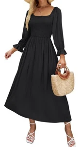 Women's Casual Square Neck 3/4 Puff Sleeve Solid Color Smocked High Waist Flowy - Picture 1 of 7