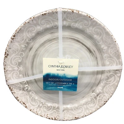 6 Cynthia Rowley Gray Melamine Dinner Plate Set Rustic Medallion Swirl Tuscan - Image 1 of 4