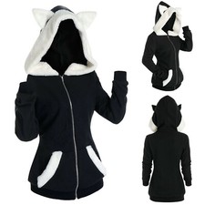 Women Long Sleeve Cosplay Cat Ear Faux Furs Insert Zip Up Hoodie Sweatshirt