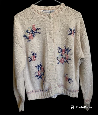 Cárdigan Cape Isle Knitters Vintage Bordado a Mano Talla L Foto 1 de 4