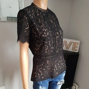 Oasis Ladies Black Lace Peplum Blouse Size 10 Short Sleeve Beige Lining Ex... - Picture 1 of 11