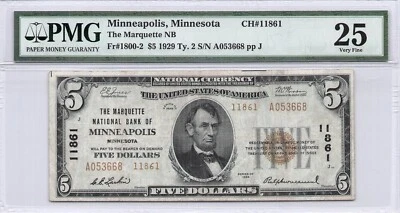 Marquette NB of MINNEAPOLIS, MN $5.00 1929 PMG 25 Charter 11861 - Image 1 of 2