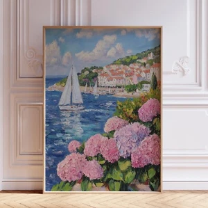 Blauer Strand Ozean mit rosa Hortensien Blumen und Segelboot Wandkunstdruck - Bild 1 von 6