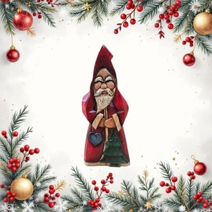 11" de Alto Madera Tallada Aspecto Vintage Papá Noel Sosteniendo Árbol Decoración de Navidad - Imagen 1 de 5