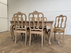 Vintage French rustic oak Ornate Dining table with 6 chairs extending top - Picture 1 of 9