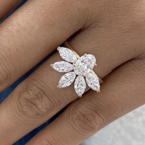 14K Rose Gold Cluster Ring 2.45ct Oval & Marquise Lab-Created Diamond F/VS - Picture 1 of 9