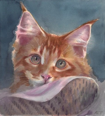 оригинальная картина 29,5 x 32,5 см 230MT художественная акварель современный котенок - Изображение 1 из 4
