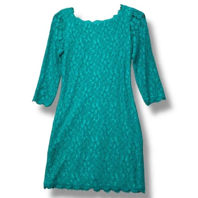 Diane von Furstenberg Lace Dress Gold Zip Front 3/4 Sleeve Green Size 4 - Image 1 of 4