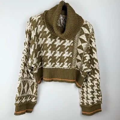 Free People Jupiter Crop Sweater Oversized Slouchy Cowl Neck XS Green White - Image 1 of 4