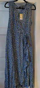 NWT Suzanne Betro Blue / Yellow Floral Midi Dress Ruffle Front Sleeveless Sz 1X - Picture 1 of 5