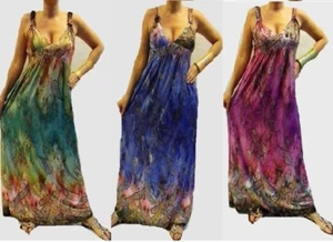 Shiny Bohemian Summer Dress Sundress Sun Hawaiian Beach Maxi Paisley Tie Dye - Picture 1 of 4