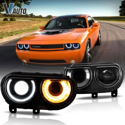 Black 2008-2014 Dodge Challenger Headlights Projector DRL Sequential Head Lamps - Image 1 of 4