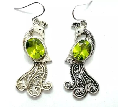 Sterling Silver Peridot Dangle Drop Peacock Earrings - Image 1 of 4