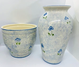 Maceta y jarrón vintage de cerámica pintado a mano efecto mármol azul floral años 80 retro - Imagen 1 de 12