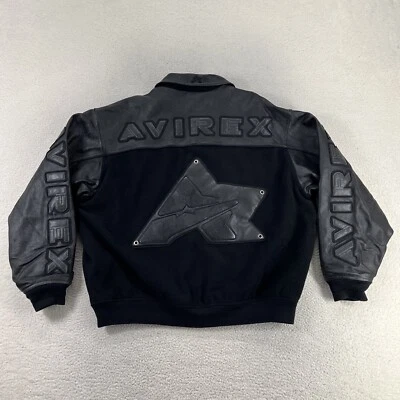 Avirex Varsity Wool Leather Jacket Mens 3XL Black Snap Button Zip Up - Image 1 of 4